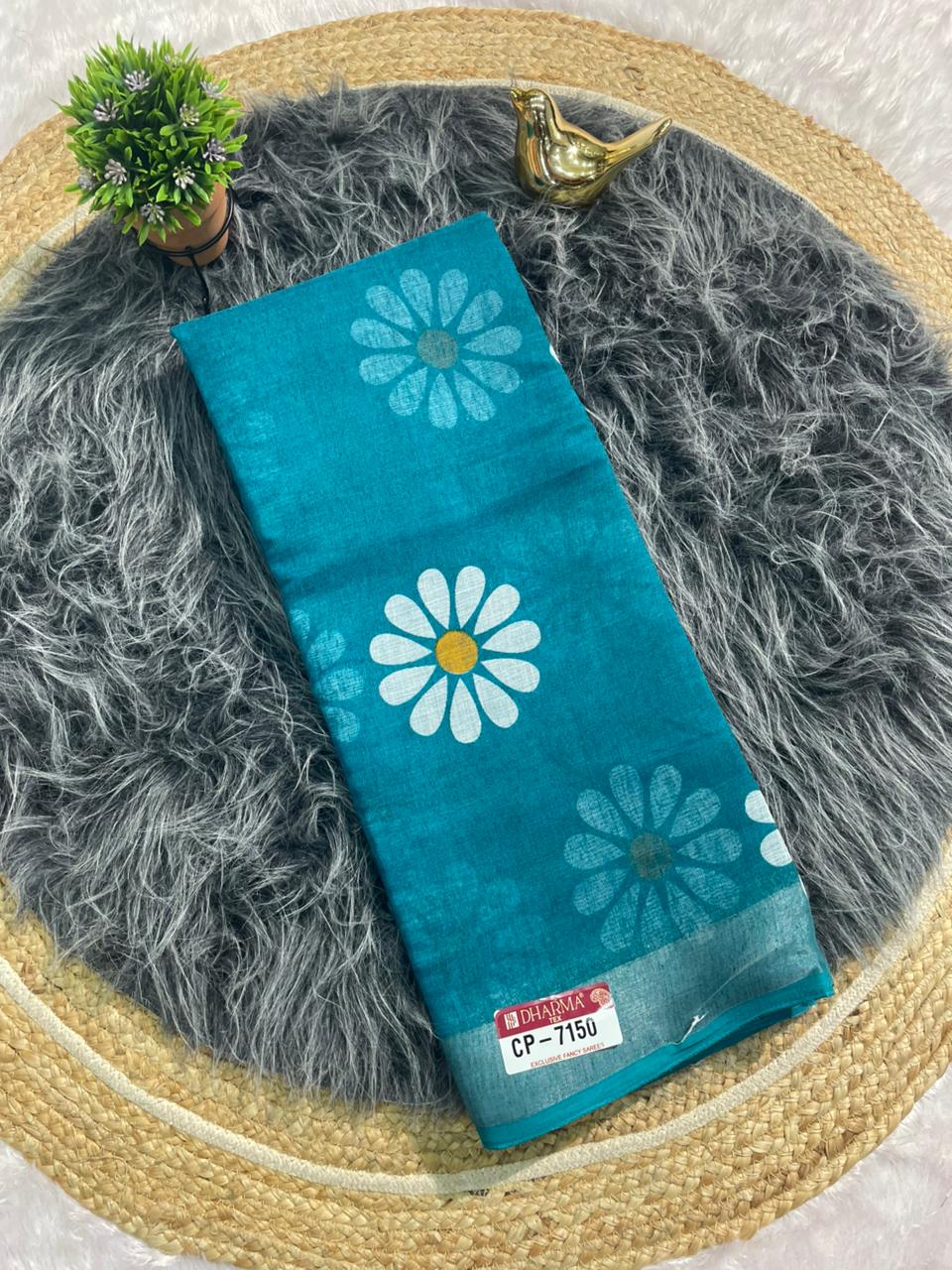 CP-7150 LINEN COTTON FABRIC SAREE WITH BEAUTIFUL PALLU WITH FLOWER DESIGN WITH BLOUSE