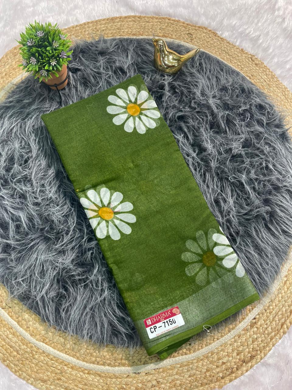 CP-7150 LINEN COTTON FABRIC SAREE WITH BEAUTIFUL PALLU WITH FLOWER DESIGN WITH BLOUSE