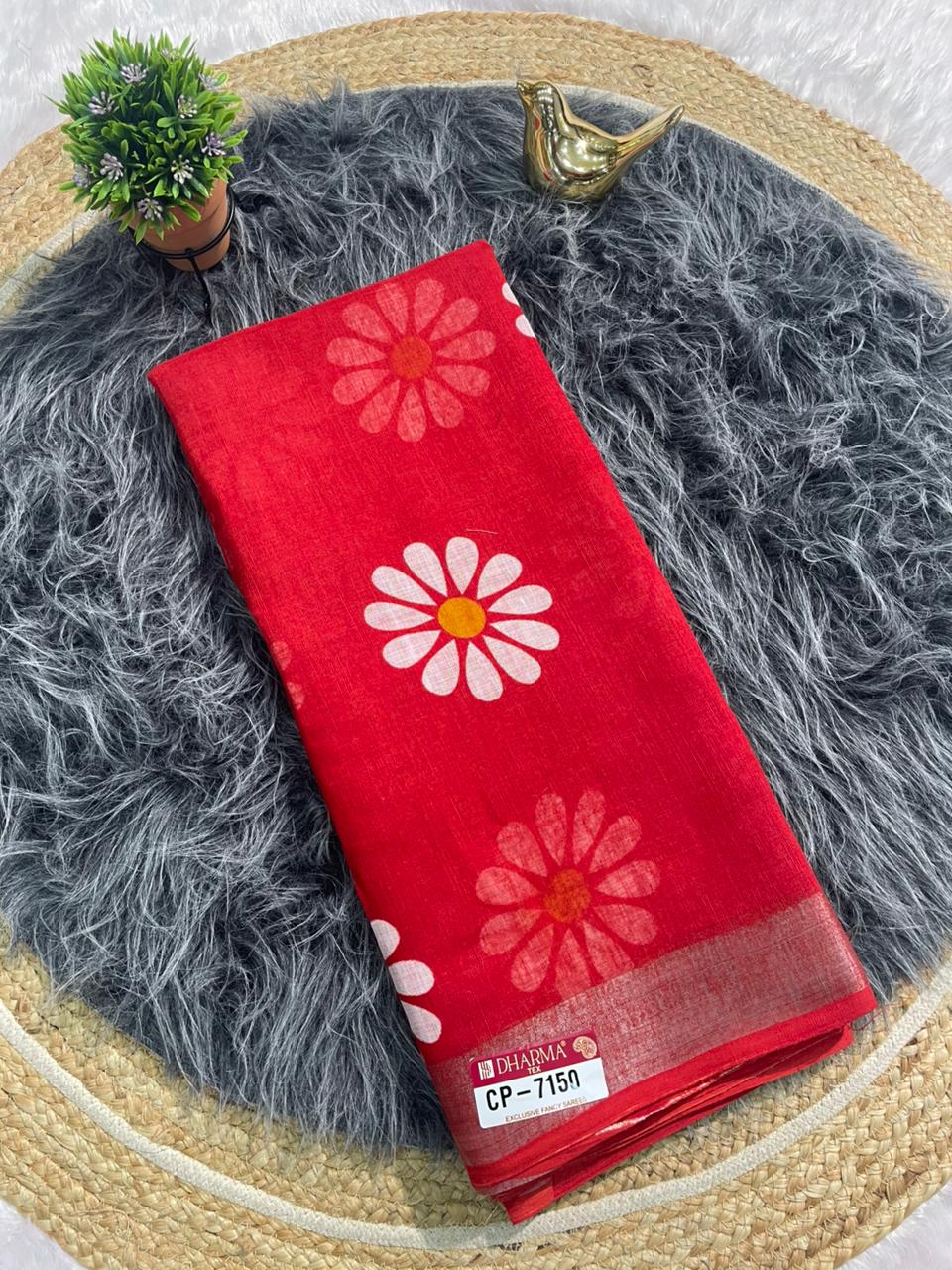 CP-7150 LINEN COTTON FABRIC SAREE WITH BEAUTIFUL PALLU WITH FLOWER DESIGN WITH BLOUSE