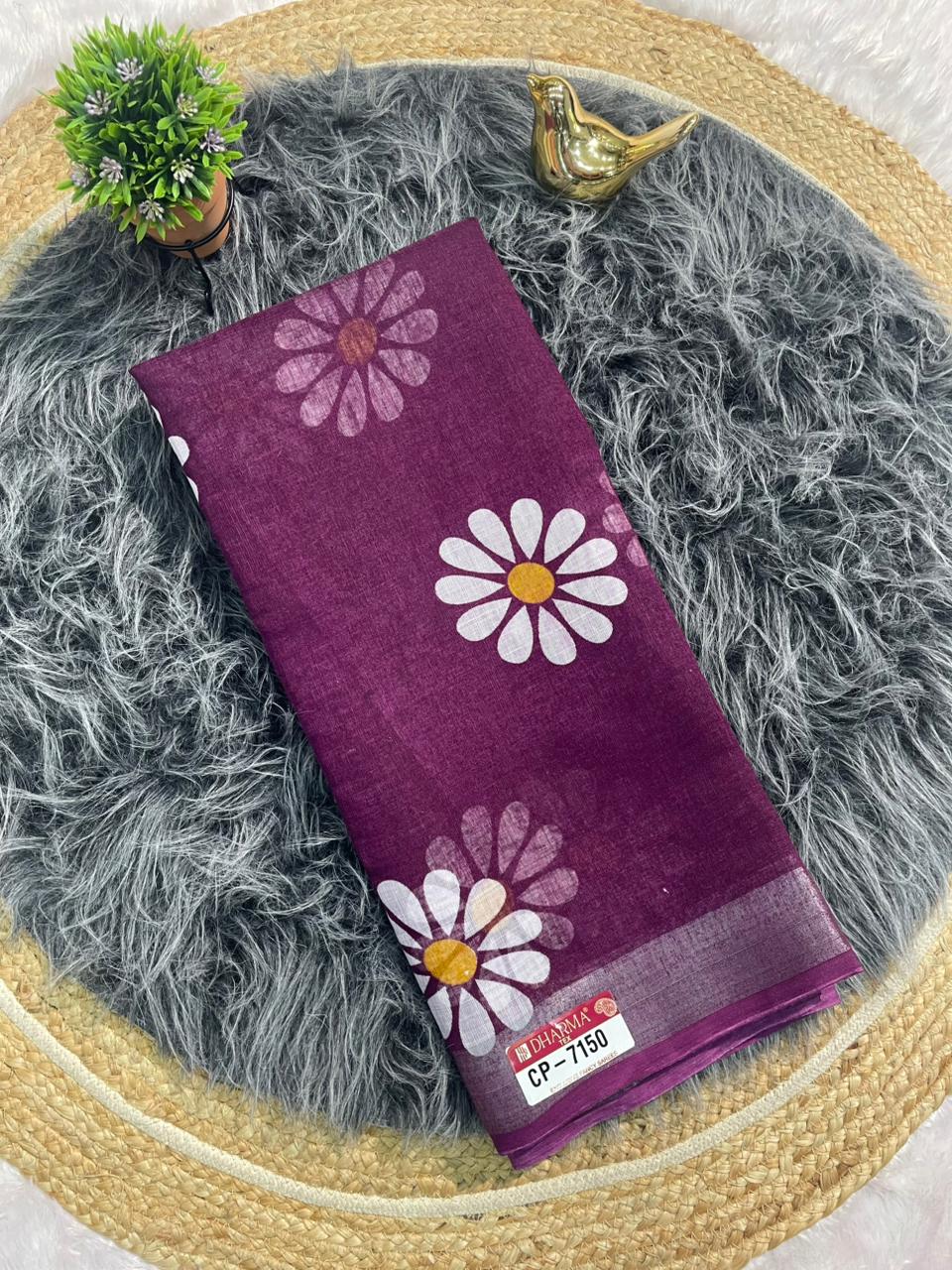 CP-7150 LINEN COTTON FABRIC SAREE WITH BEAUTIFUL PALLU WITH FLOWER DESIGN WITH BLOUSE