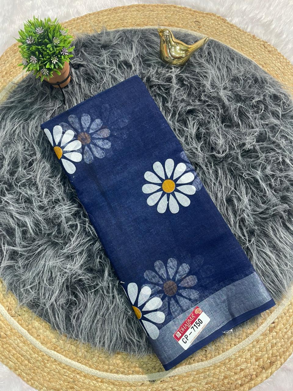CP-7150 LINEN COTTON FABRIC SAREE WITH BEAUTIFUL PALLU WITH FLOWER DESIGN WITH BLOUSE