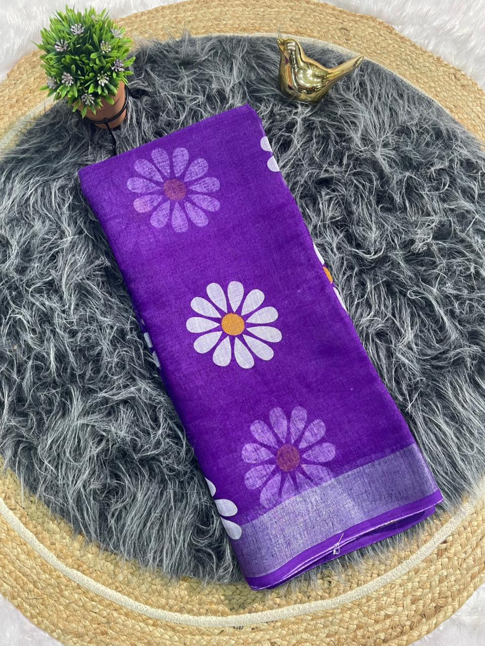 CP-7150 LINEN COTTON FABRIC SAREE WITH BEAUTIFUL PALLU WITH FLOWER DESIGN WITH BLOUSE