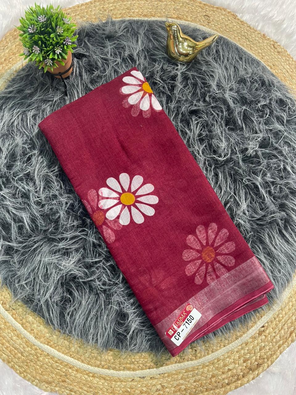 CP-7150 LINEN COTTON FABRIC SAREE WITH BEAUTIFUL PALLU WITH FLOWER DESIGN WITH BLOUSE