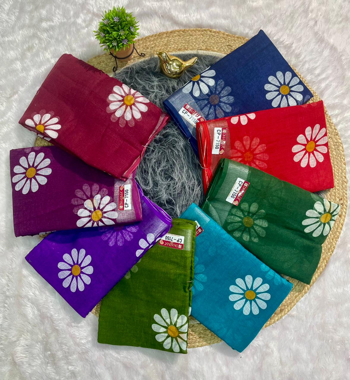 CP-7150 LINEN COTTON FABRIC SAREE WITH BEAUTIFUL PALLU WITH FLOWER DESIGN WITH BLOUSE
