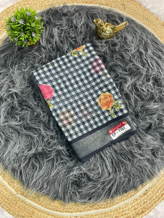 CP-7151 LINEN FABRIC SAREE WITH BEAUTIFUL PALLU WITH FLOWER DESIGN WITH CHECKS BOX DESIGN WITH BLOUSE