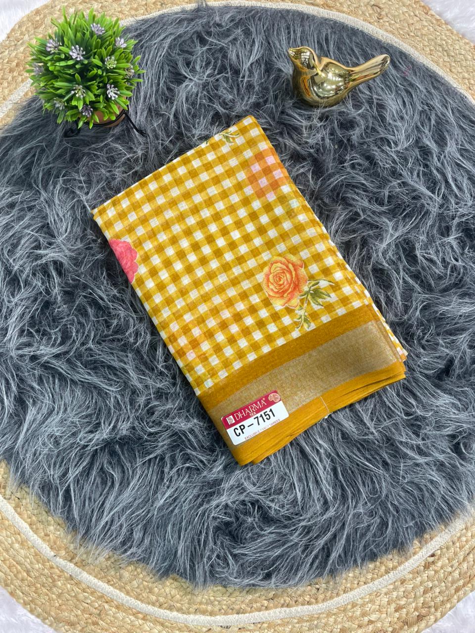 CP-7151 LINEN FABRIC SAREE WITH BEAUTIFUL PALLU WITH FLOWER DESIGN WITH CHECKS BOX DESIGN WITH BLOUSE