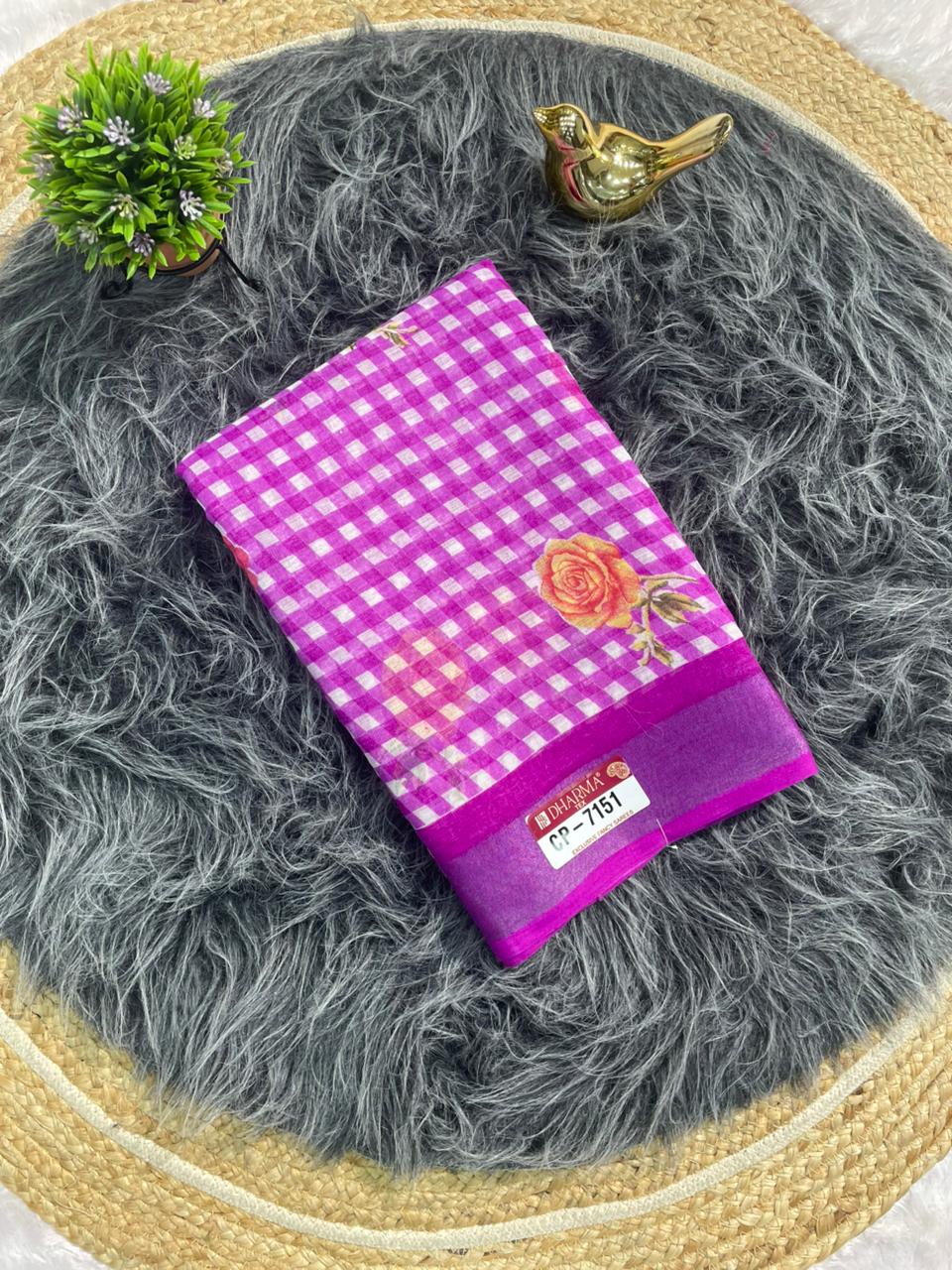 CP-7151 LINEN FABRIC SAREE WITH BEAUTIFUL PALLU WITH FLOWER DESIGN WITH CHECKS BOX DESIGN WITH BLOUSE