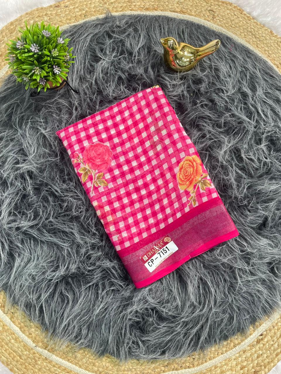 CP-7151 LINEN FABRIC SAREE WITH BEAUTIFUL PALLU WITH FLOWER DESIGN WITH CHECKS BOX DESIGN WITH BLOUSE