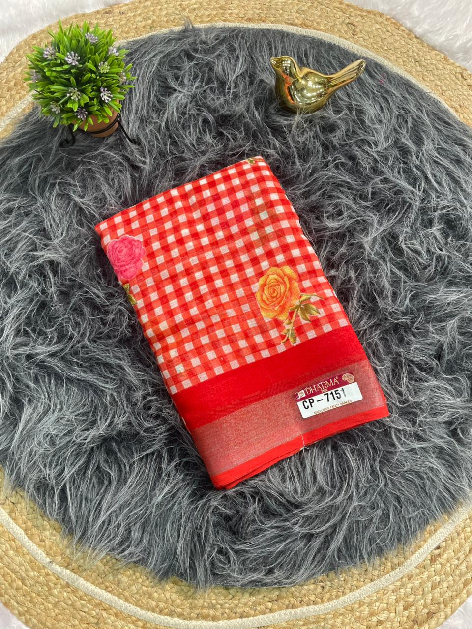 CP-7151 LINEN FABRIC SAREE WITH BEAUTIFUL PALLU WITH FLOWER DESIGN WITH CHECKS BOX DESIGN WITH BLOUSE