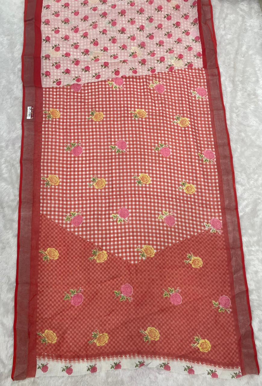 CP-7151 LINEN FABRIC SAREE WITH BEAUTIFUL PALLU WITH FLOWER DESIGN WITH CHECKS BOX DESIGN WITH BLOUSE