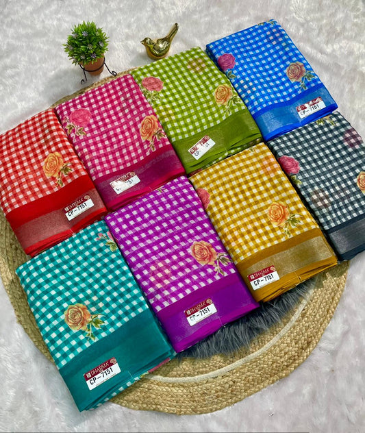 CP-7151 LINEN FABRIC SAREE WITH BEAUTIFUL PALLU WITH FLOWER DESIGN WITH CHECKS BOX DESIGN WITH BLOUSE