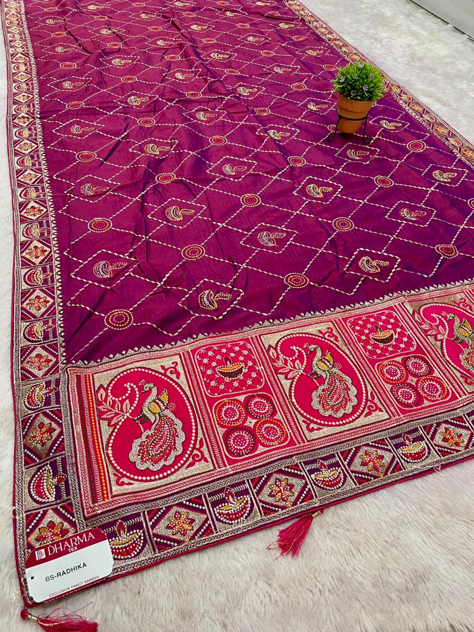 BS-RADHIKA DARK SATIN KANJIVARAM SILK GHATCHOLA GUJRATI DESIGN WITH RICH PALLI AND BEAUTFIUL BODY DESIGN WITH CONTRSTT