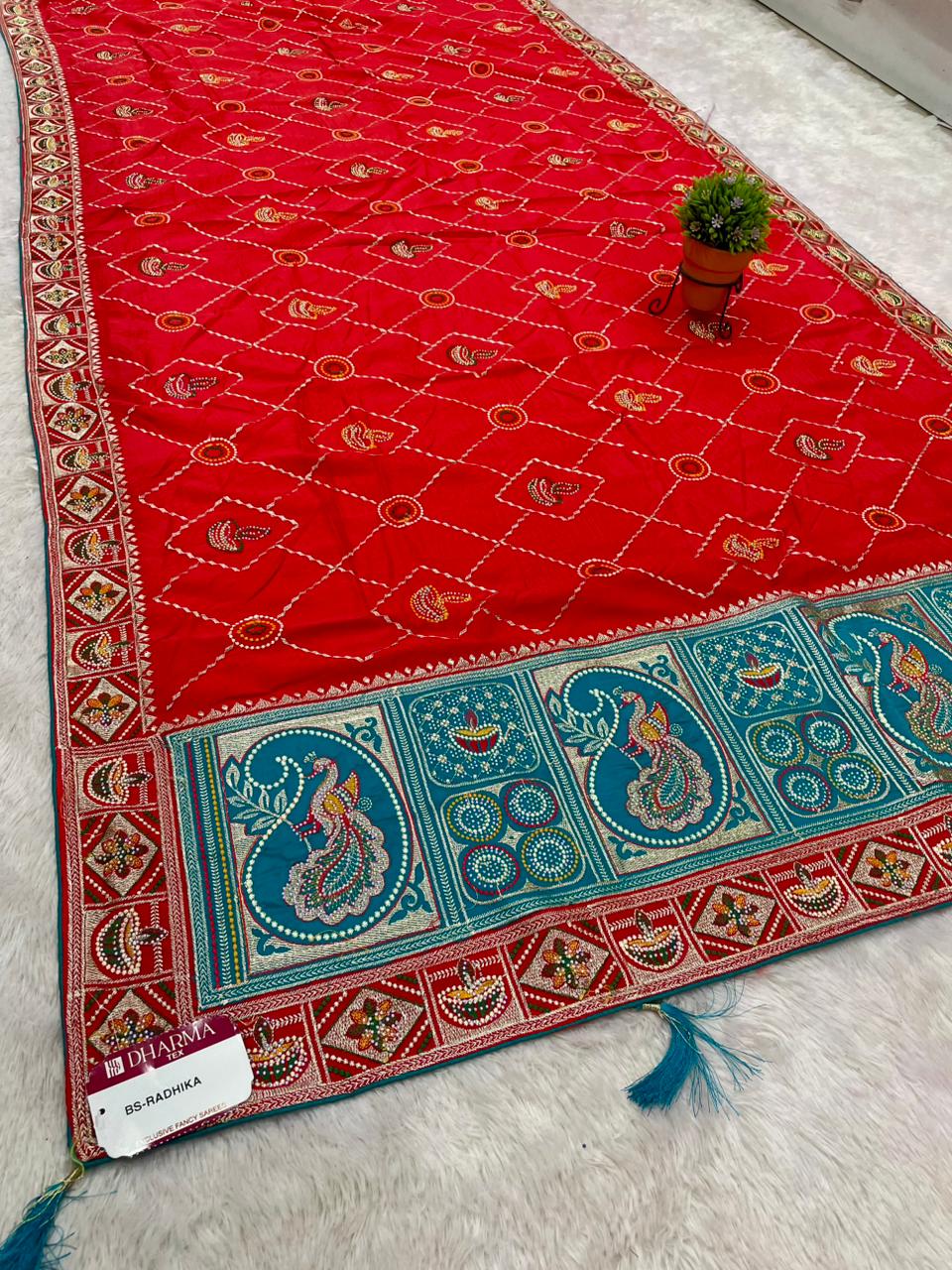 BS-RADHIKA DARK SATIN KANJIVARAM SILK GHATCHOLA GUJRATI DESIGN WITH RICH PALLI AND BEAUTFIUL BODY DESIGN WITH CONTRSTT