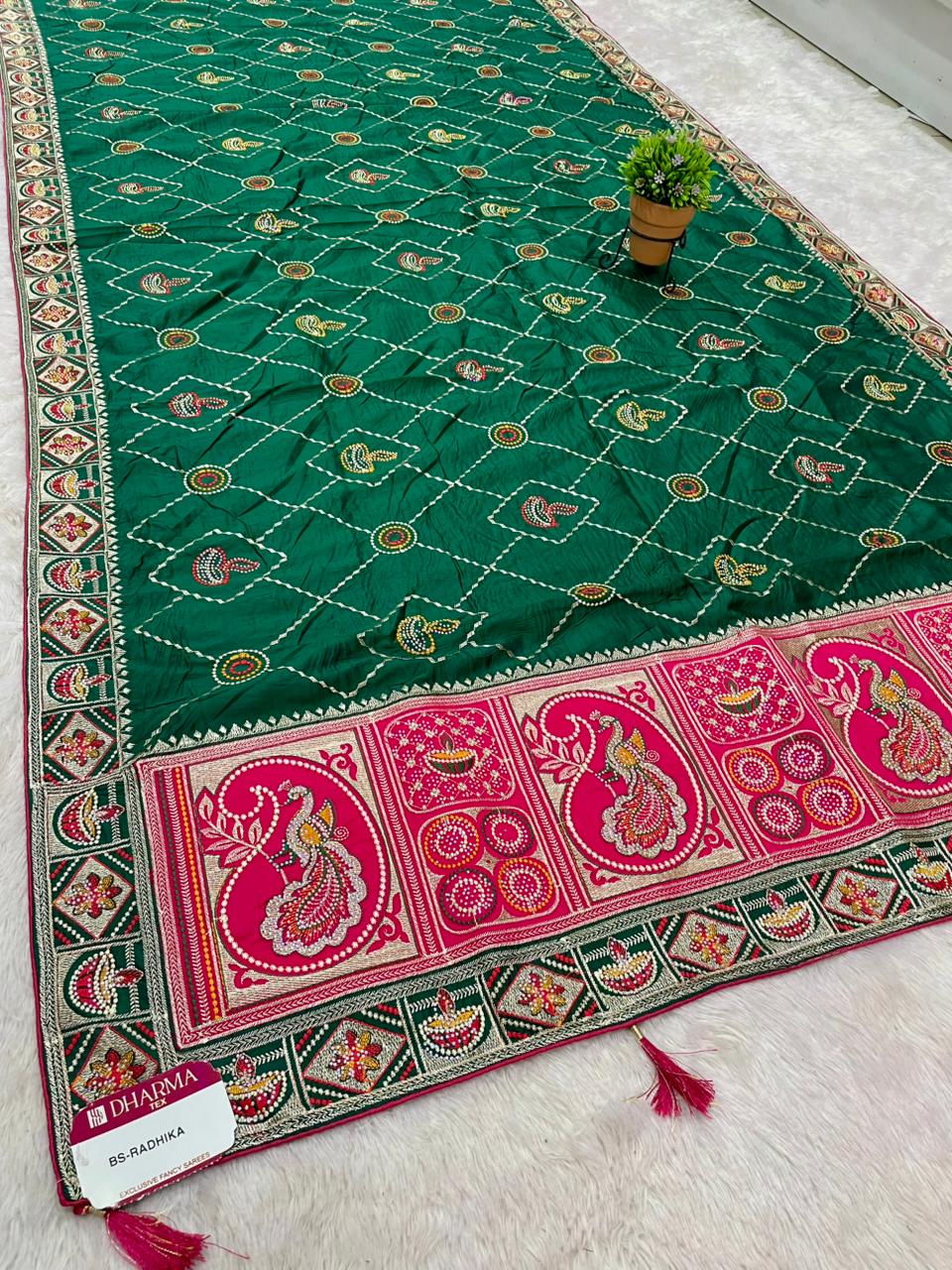 BS-RADHIKA DARK SATIN KANJIVARAM SILK GHATCHOLA GUJRATI DESIGN WITH RICH PALLI AND BEAUTFIUL BODY DESIGN WITH CONTRSTT