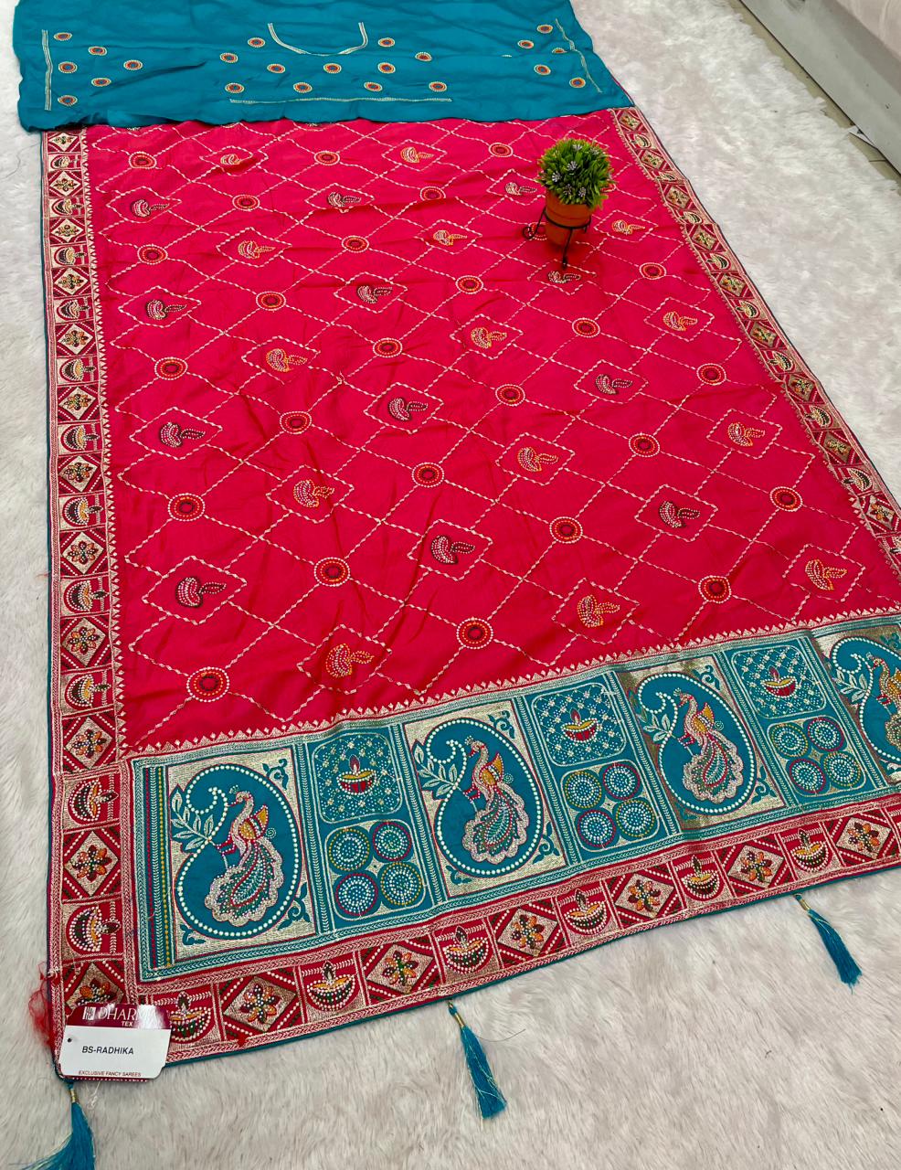 BS-RADHIKA DARK SATIN KANJIVARAM SILK GHATCHOLA GUJRATI DESIGN WITH RICH PALLI AND BEAUTFIUL BODY DESIGN WITH CONTRSTT