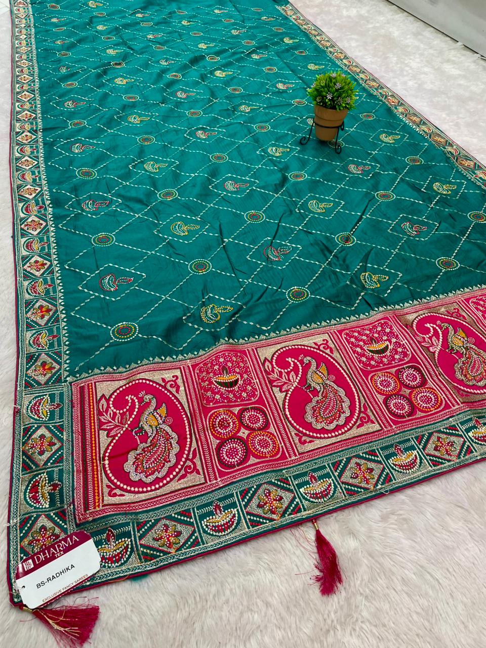 BS-RADHIKA DARK SATIN KANJIVARAM SILK GHATCHOLA GUJRATI DESIGN WITH RICH PALLI AND BEAUTFIUL BODY DESIGN WITH CONTRSTT