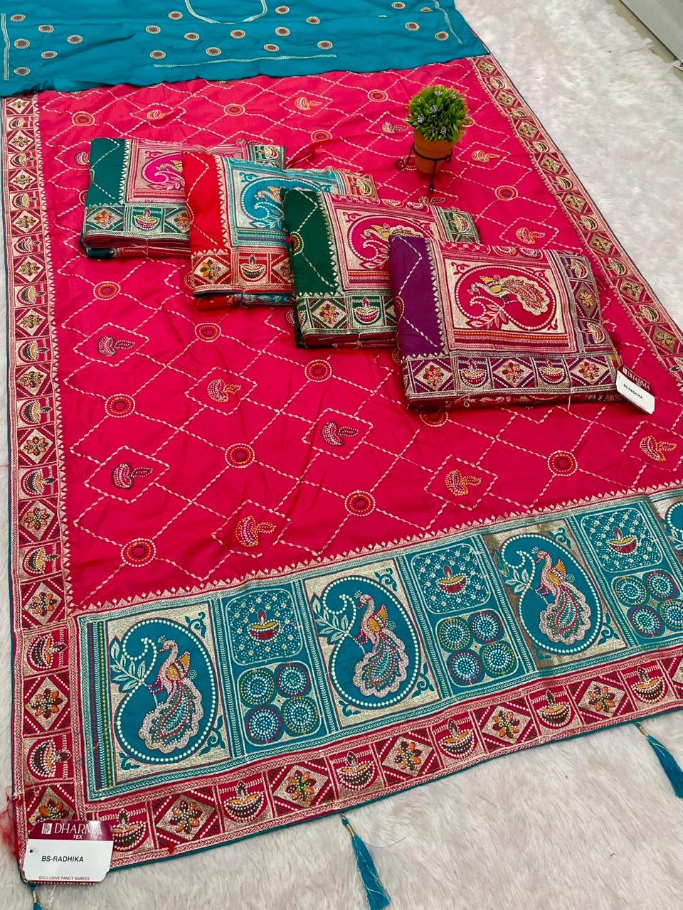 BS-RADHIKA DARK SATIN KANJIVARAM SILK GHATCHOLA GUJRATI DESIGN WITH RICH PALLI AND BEAUTFIUL BODY DESIGN WITH CONTRSTT