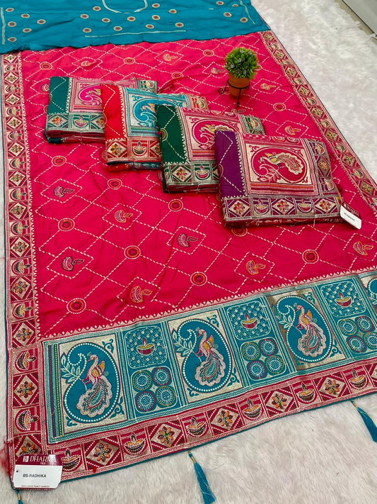 BS-RADHIKA DARK SATIN KANJIVARAM SILK GHATCHOLA GUJRATI DESIGN WITH RICH PALLI AND BEAUTFIUL BODY DESIGN WITH CONTRSTT