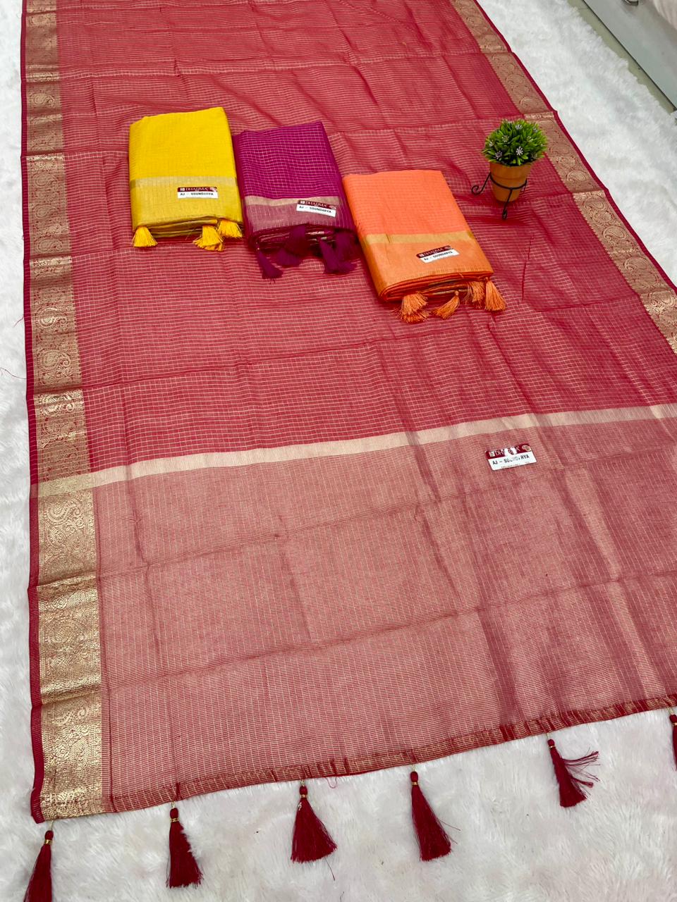 AJ-SOUNDARYA SILK FABRIC SAREE WITH BEAUTIFUL DESIGN WITH CHECKS DESIGN ALL OVER ON SREE WITH TASSELS