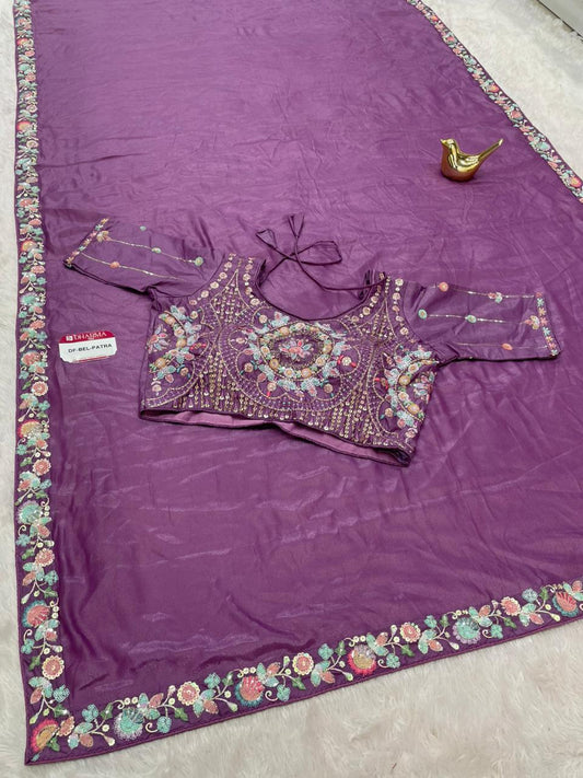 DF-BEL PATRA ORIGINAL CHOCLATE FABRIC SAREE WITH EMBROIDERY WORK AND SEQUENCE WORK WITH CODING WORK AND HEAVY EMBROIDERY STICHED BLOUSE WITH HANDWORK AND SEQUENCE WORK WITH TRENDING SAREE