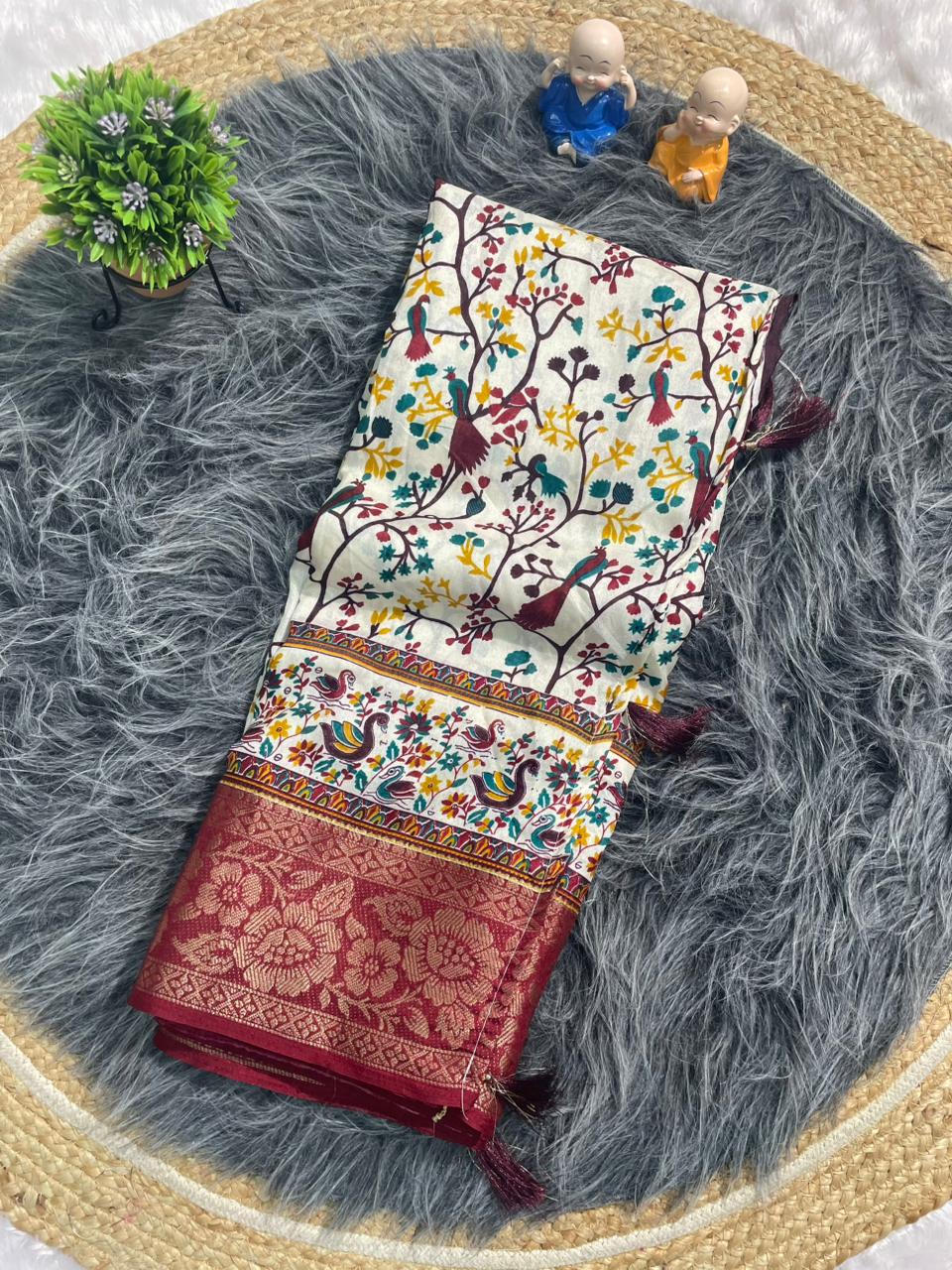 PRINT-3256 DOLA JACUARD FABRIC SAREE WITH WHITE COMMON AND BEATIFUL DESIGN WITH BEAUTIFUL KASHMIRI PATTERN DESIGN WITH 6.30 MTR CUT WITH BUTTI BLOUSE AND TASSELS