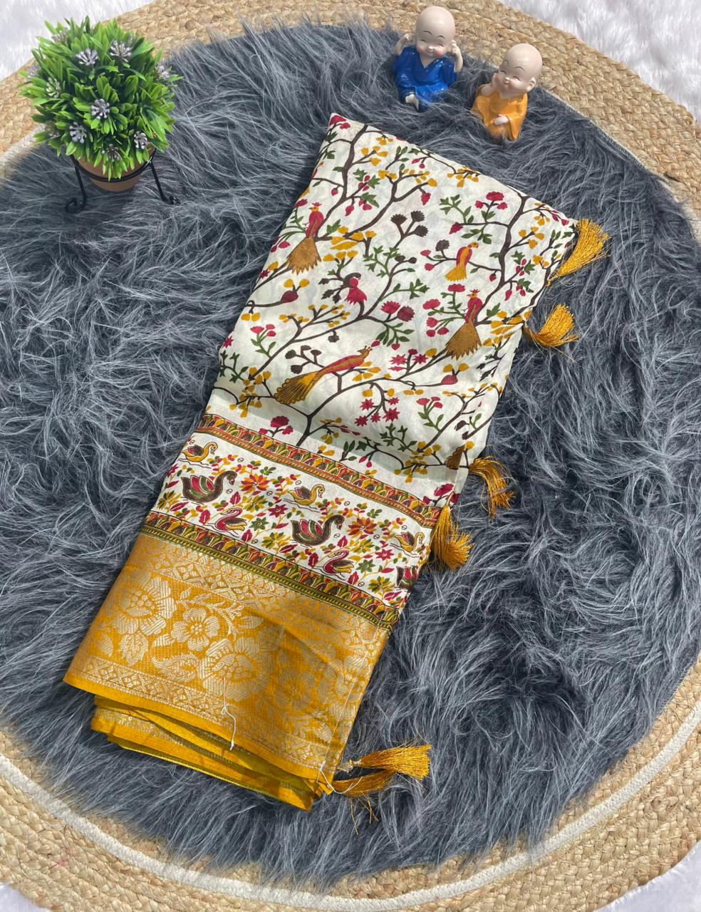 PRINT-3256 DOLA JACUARD FABRIC SAREE WITH WHITE COMMON AND BEATIFUL DESIGN WITH BEAUTIFUL KASHMIRI PATTERN DESIGN WITH 6.30 MTR CUT WITH BUTTI BLOUSE AND TASSELS