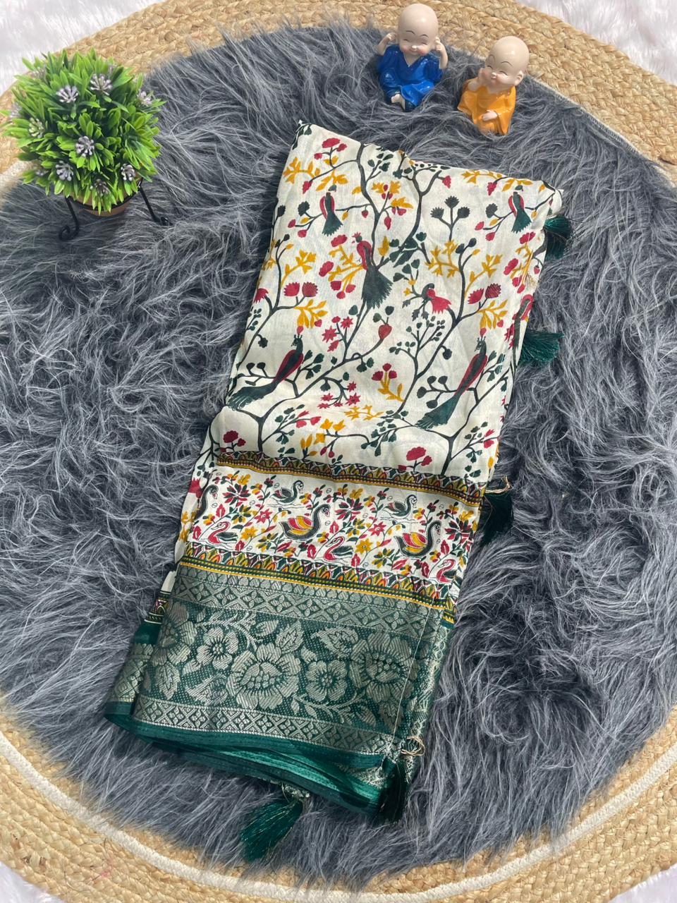 PRINT-3256 DOLA JACUARD FABRIC SAREE WITH WHITE COMMON AND BEATIFUL DESIGN WITH BEAUTIFUL KASHMIRI PATTERN DESIGN WITH 6.30 MTR CUT WITH BUTTI BLOUSE AND TASSELS