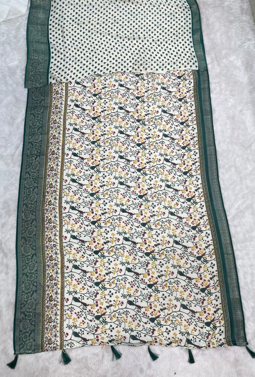 PRINT-3256 DOLA JACUARD FABRIC SAREE WITH WHITE COMMON AND BEATIFUL DESIGN WITH BEAUTIFUL KASHMIRI PATTERN DESIGN WITH 6.30 MTR CUT WITH BUTTI BLOUSE AND TASSELS
