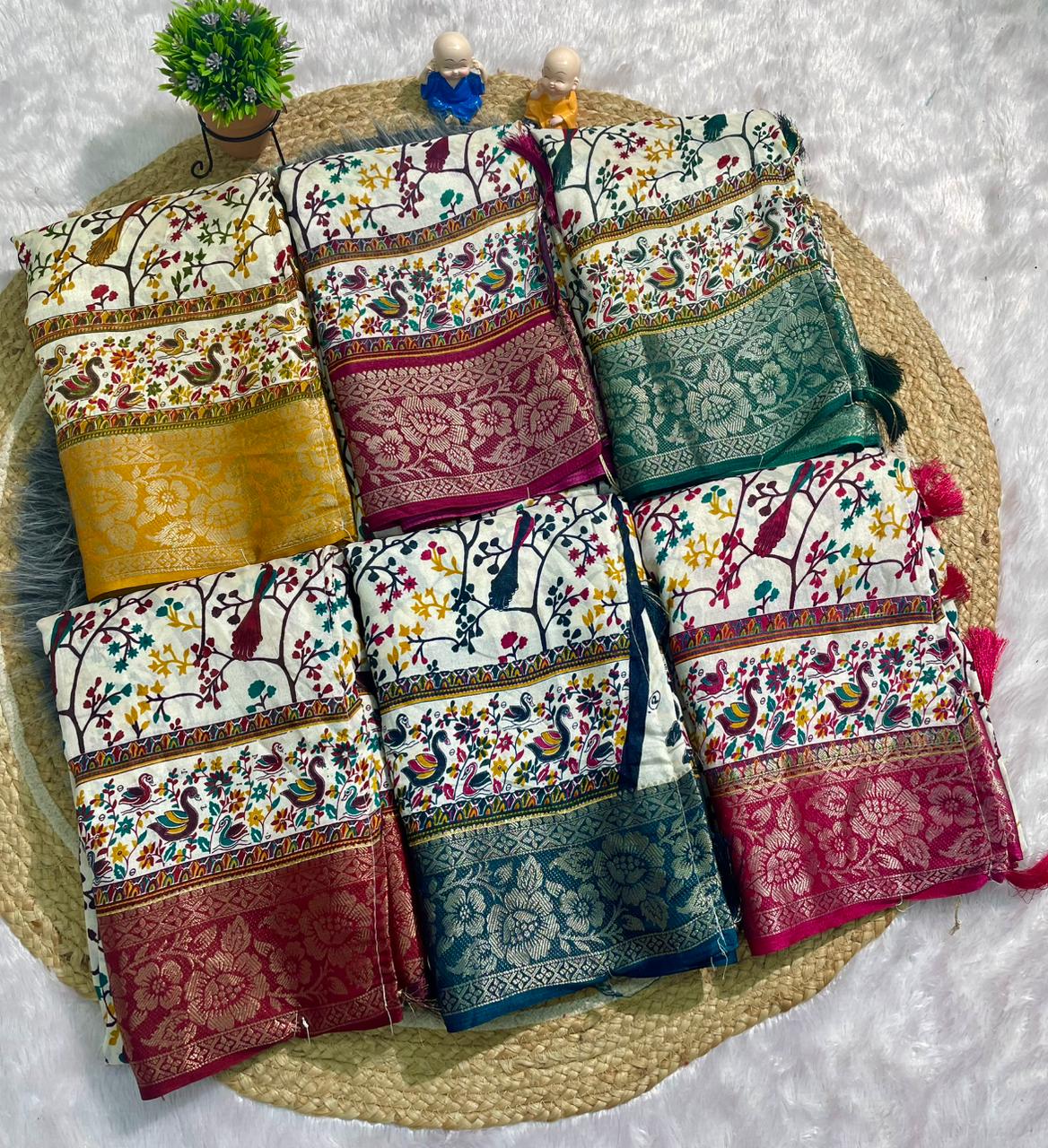 PRINT-3256 DOLA JACUARD FABRIC SAREE WITH WHITE COMMON AND BEATIFUL DESIGN WITH BEAUTIFUL KASHMIRI PATTERN DESIGN WITH 6.30 MTR CUT WITH BUTTI BLOUSE AND TASSELS