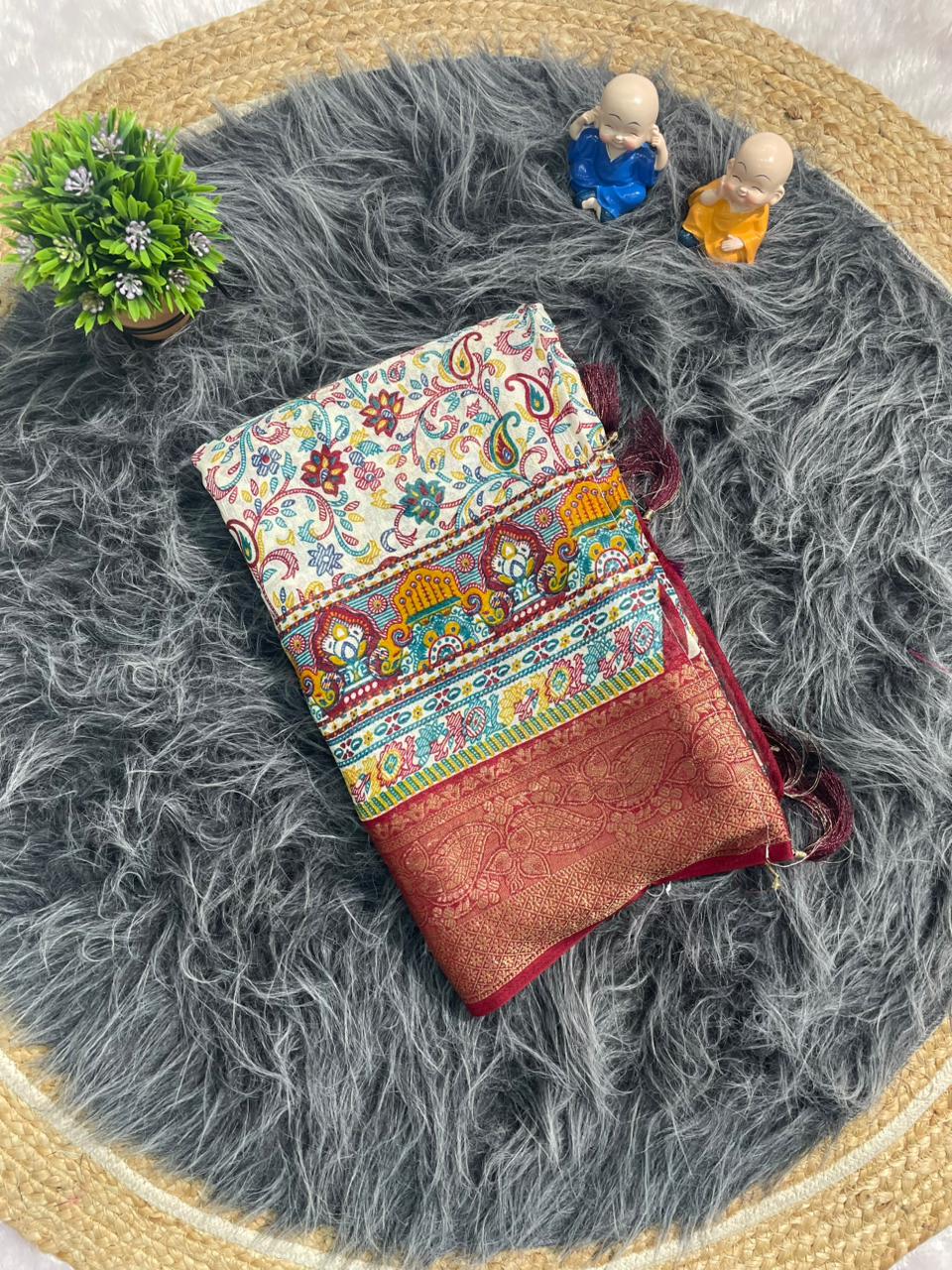 PRINT-3255 DOLA JACUARD FABRIC SAREE WITH WHITE COMMON AND BEATIFUL DESIGN WITH BEAUTIFUL KASHMIRI PATTERN DESIGN WITH 6.30 MTR CUT WITH BUTTI BLOUSE AND TASSELS
