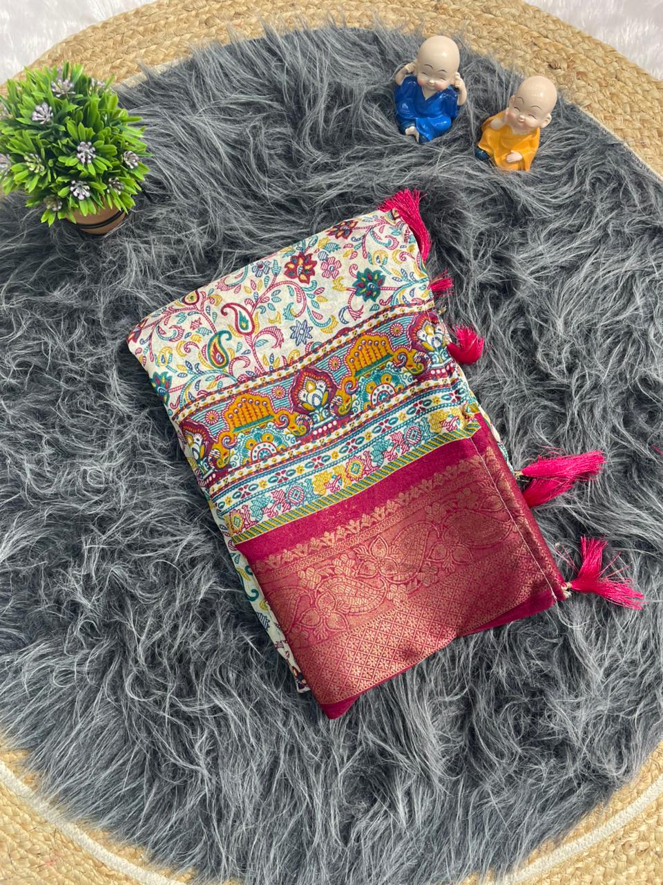 PRINT-3255 DOLA JACUARD FABRIC SAREE WITH WHITE COMMON AND BEATIFUL DESIGN WITH BEAUTIFUL KASHMIRI PATTERN DESIGN WITH 6.30 MTR CUT WITH BUTTI BLOUSE AND TASSELS