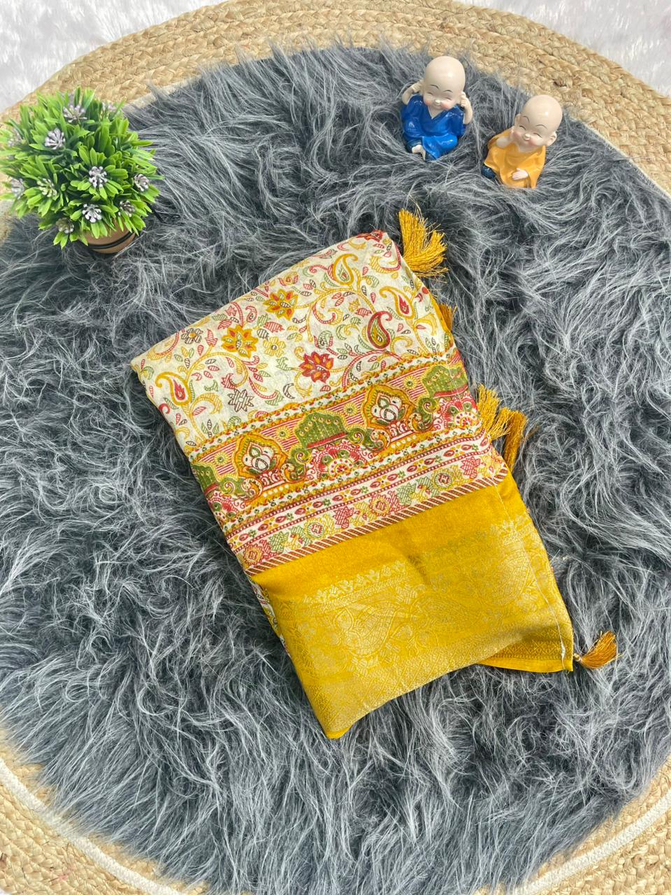 PRINT-3255 DOLA JACUARD FABRIC SAREE WITH WHITE COMMON AND BEATIFUL DESIGN WITH BEAUTIFUL KASHMIRI PATTERN DESIGN WITH 6.30 MTR CUT WITH BUTTI BLOUSE AND TASSELS