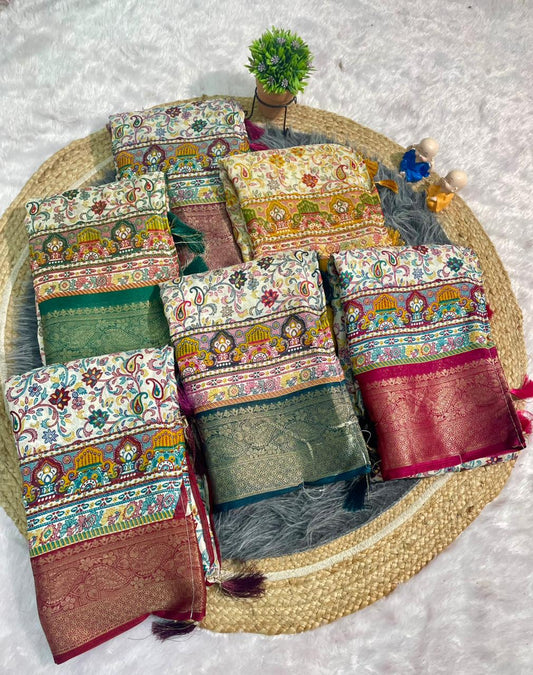 PRINT-3255 DOLA JACUARD FABRIC SAREE WITH WHITE COMMON AND BEATIFUL DESIGN WITH BEAUTIFUL KASHMIRI PATTERN DESIGN WITH 6.30 MTR CUT WITH BUTTI BLOUSE AND TASSELS