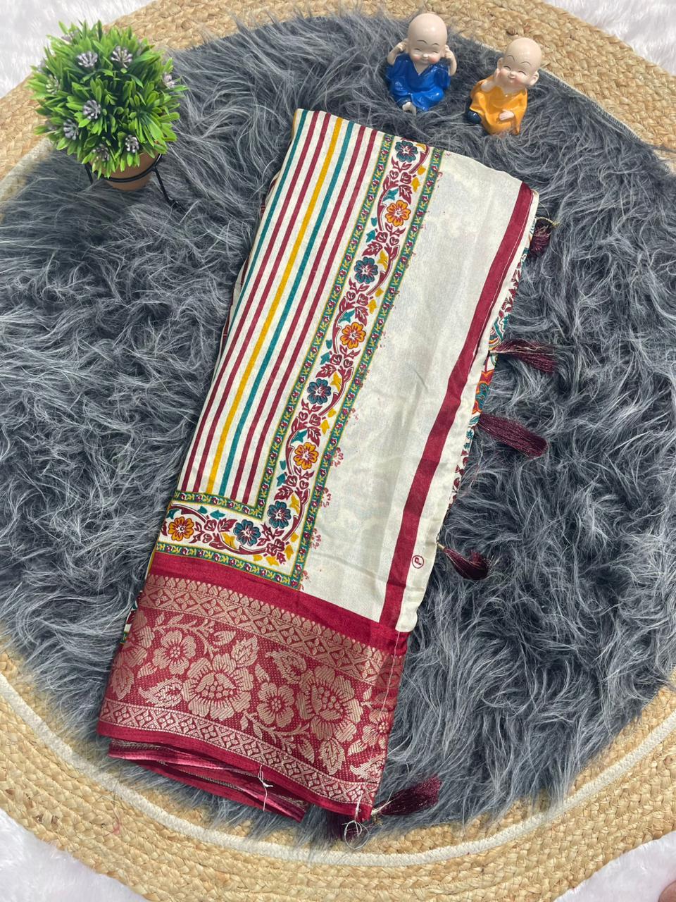 PRINT-3257 DOLA JACUARD FABRIC SAREE WITH WHITE COMMON AND RICH PALLU DESIGN WITH BEAUTIFUL KASHMIRI PATTERN DESIGN WITH 6.30 MTR CUT WITH BUTTI BLOUSE AND TASSELS