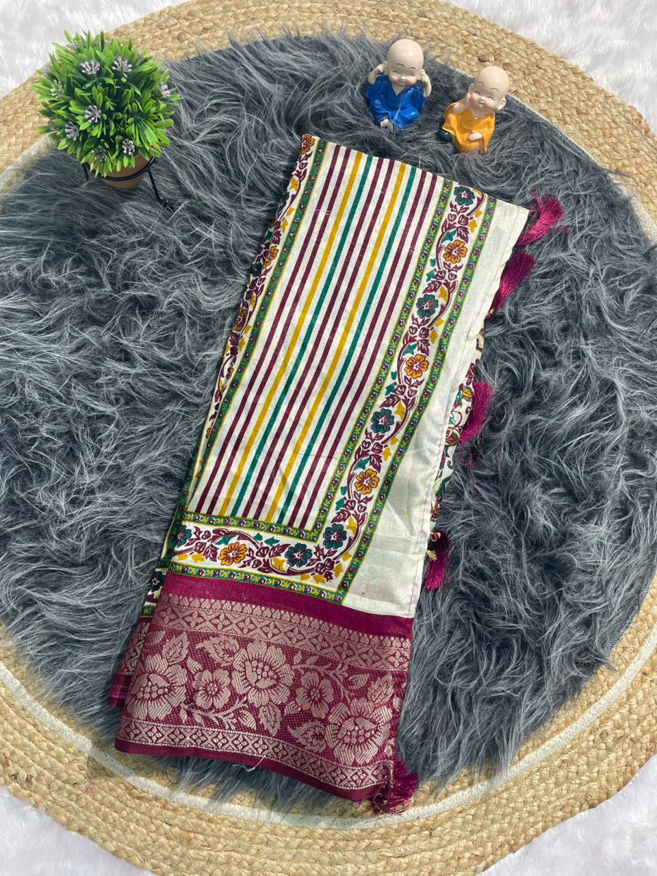 PRINT-3257 DOLA JACUARD FABRIC SAREE WITH WHITE COMMON AND RICH PALLU DESIGN WITH BEAUTIFUL KASHMIRI PATTERN DESIGN WITH 6.30 MTR CUT WITH BUTTI BLOUSE AND TASSELS