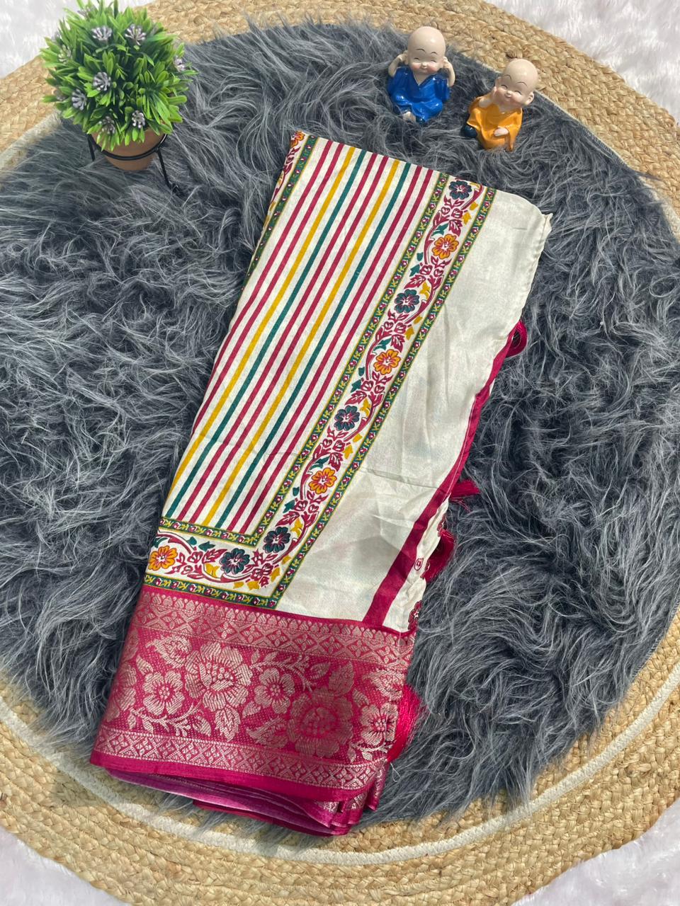 PRINT-3257 DOLA JACUARD FABRIC SAREE WITH WHITE COMMON AND RICH PALLU DESIGN WITH BEAUTIFUL KASHMIRI PATTERN DESIGN WITH 6.30 MTR CUT WITH BUTTI BLOUSE AND TASSELS
