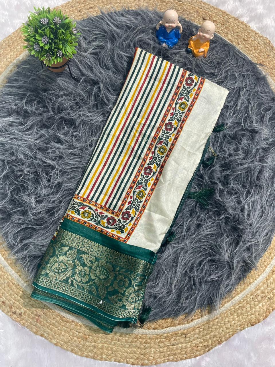 PRINT-3257 DOLA JACUARD FABRIC SAREE WITH WHITE COMMON AND RICH PALLU DESIGN WITH BEAUTIFUL KASHMIRI PATTERN DESIGN WITH 6.30 MTR CUT WITH BUTTI BLOUSE AND TASSELS