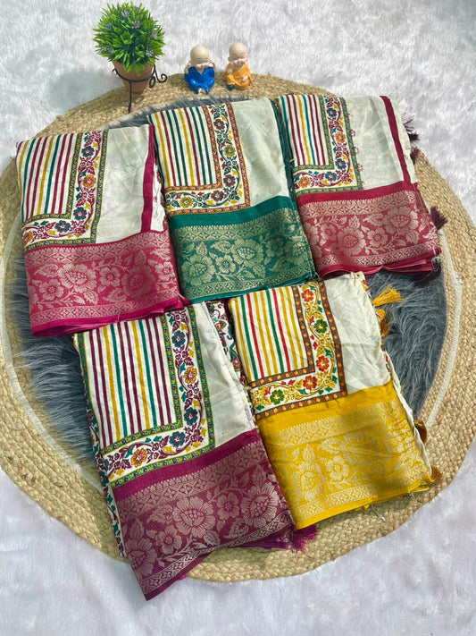 PRINT-3257 DOLA JACUARD FABRIC SAREE WITH WHITE COMMON AND RICH PALLU DESIGN WITH BEAUTIFUL KASHMIRI PATTERN DESIGN WITH 6.30 MTR CUT WITH BUTTI BLOUSE AND TASSELS