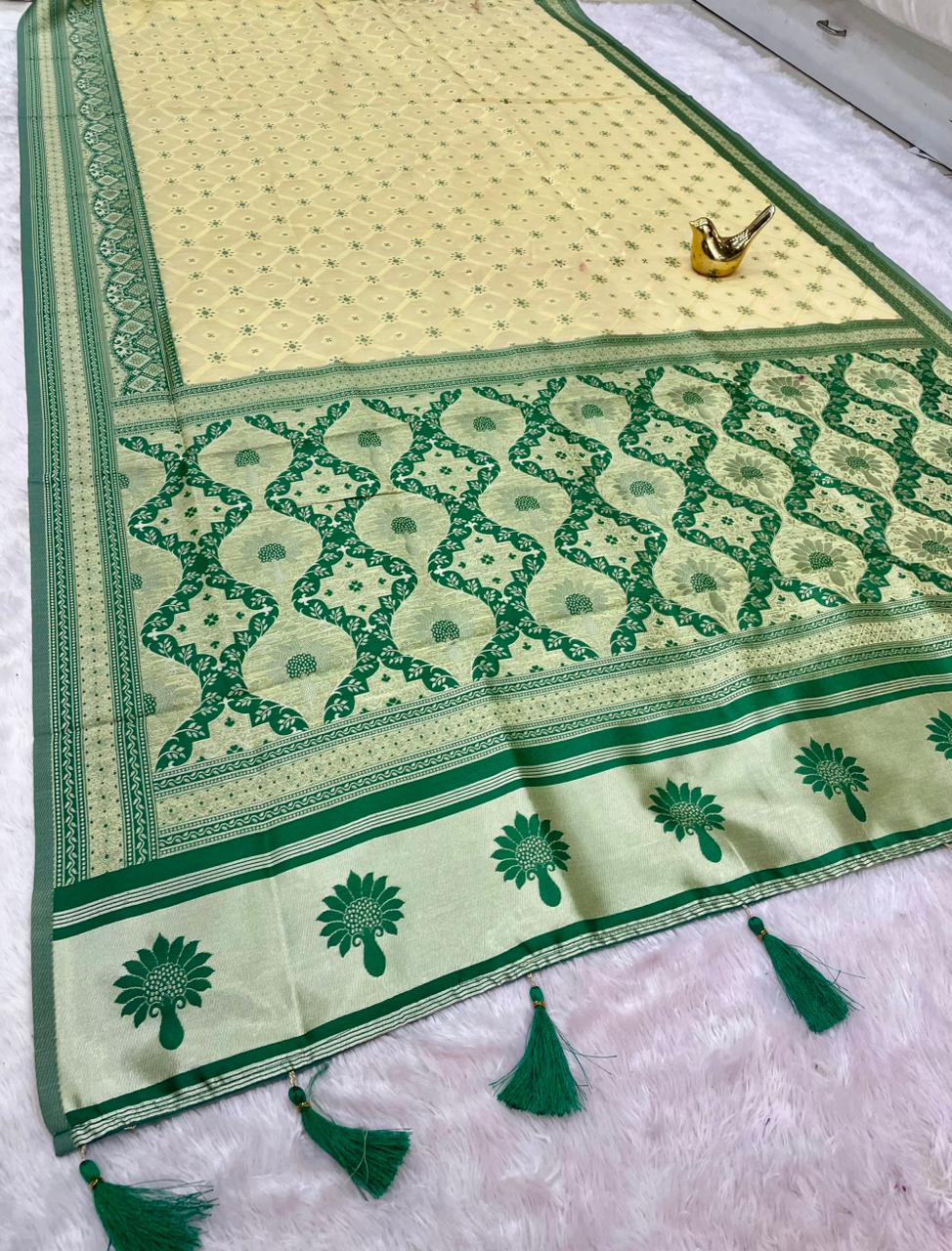 AJ-NAYASA COTTON FABRIC SAREE WITH RICH PALLU DESIGN WITH BEAUTIFUL DAMAN PATTA WITH BOX DESIGN WITH BUTTI BLOUSE WITH TASSELS