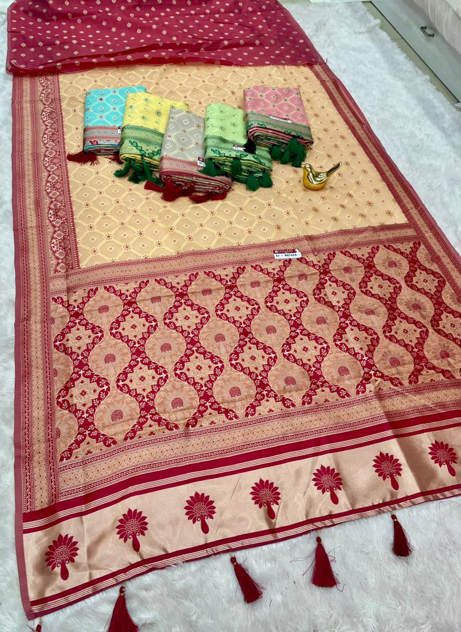 AJ-NAYASA COTTON FABRIC SAREE WITH RICH PALLU DESIGN WITH BEAUTIFUL DAMAN PATTA WITH BOX DESIGN WITH BUTTI BLOUSE WITH TASSELS