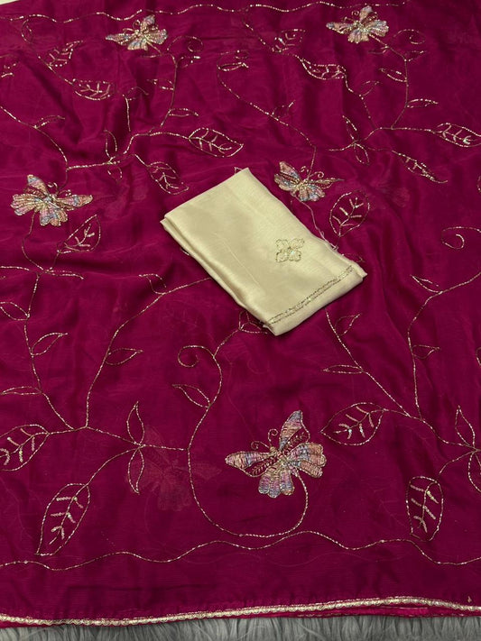NN-2166 RANGOLI FABRIC SAREE WITH HANDWORK BORDER WITH BEADS WORK WITH BEAUTIFUL BUTTERFLY DESIGN WITH THREAD WORK WITH CONRAST BLOUSE