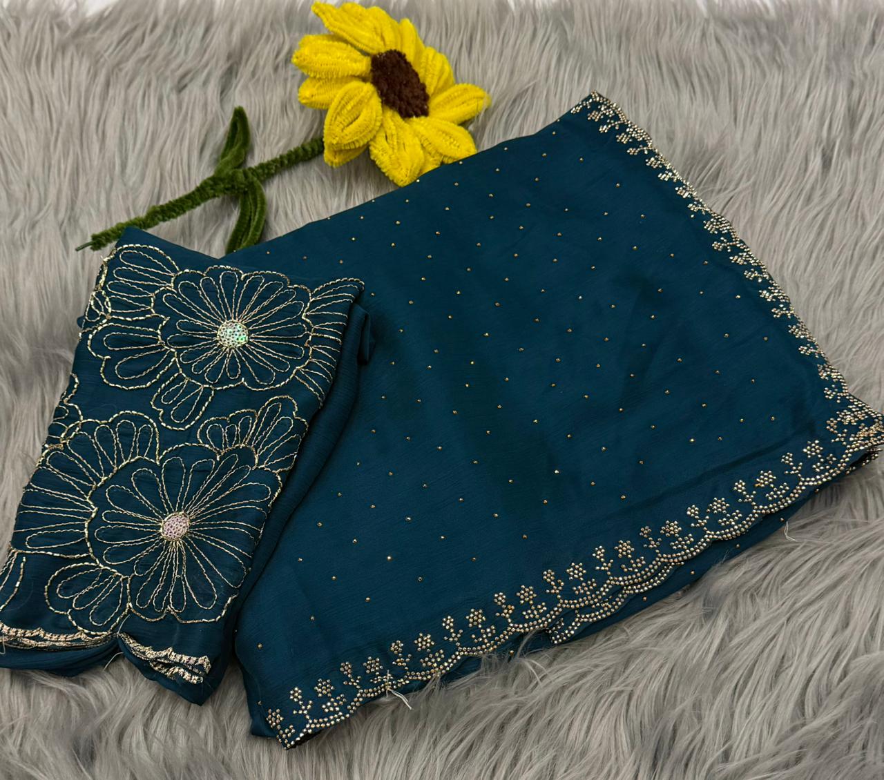 NN-2168 STAR GEORGETTE FABRIC SAREE WITH DMC SIROSKI BORDER WITH SIROSKI WORK ALL OVER ON SAREE WITH BEADS WORK BLOUSE