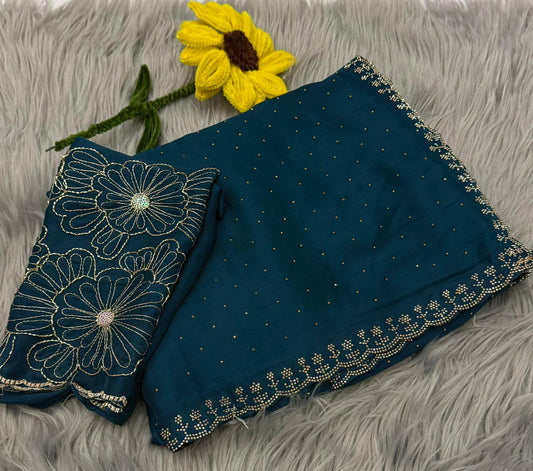 NN-2168 STAR GEORGETTE FABRIC SAREE WITH DMC SIROSKI BORDER WITH SIROSKI WORK ALL OVER ON SAREE WITH BEADS WORK BLOUSE