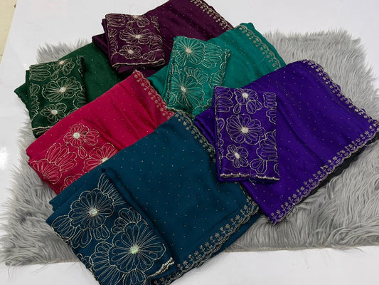 NN-2168 STAR GEORGETTE FABRIC SAREE WITH DMC SIROSKI BORDER WITH SIROSKI WORK ALL OVER ON SAREE WITH BEADS WORK BLOUSE