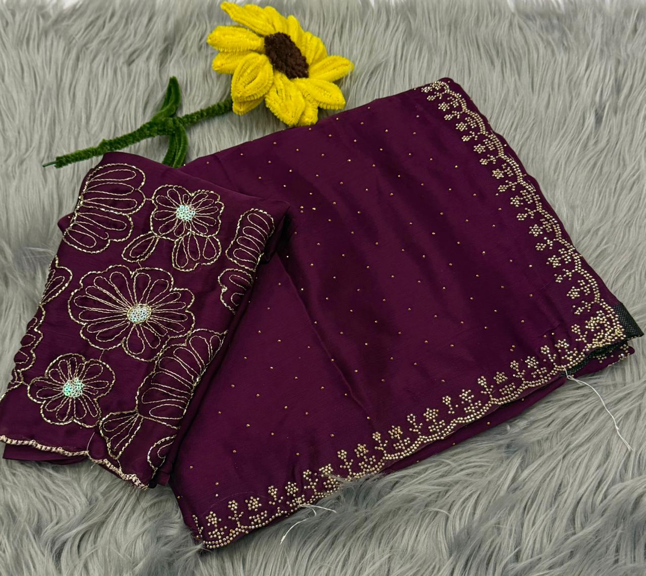 NN-2168 STAR GEORGETTE FABRIC SAREE WITH DMC SIROSKI BORDER WITH SIROSKI WORK ALL OVER ON SAREE WITH BEADS WORK BLOUSE