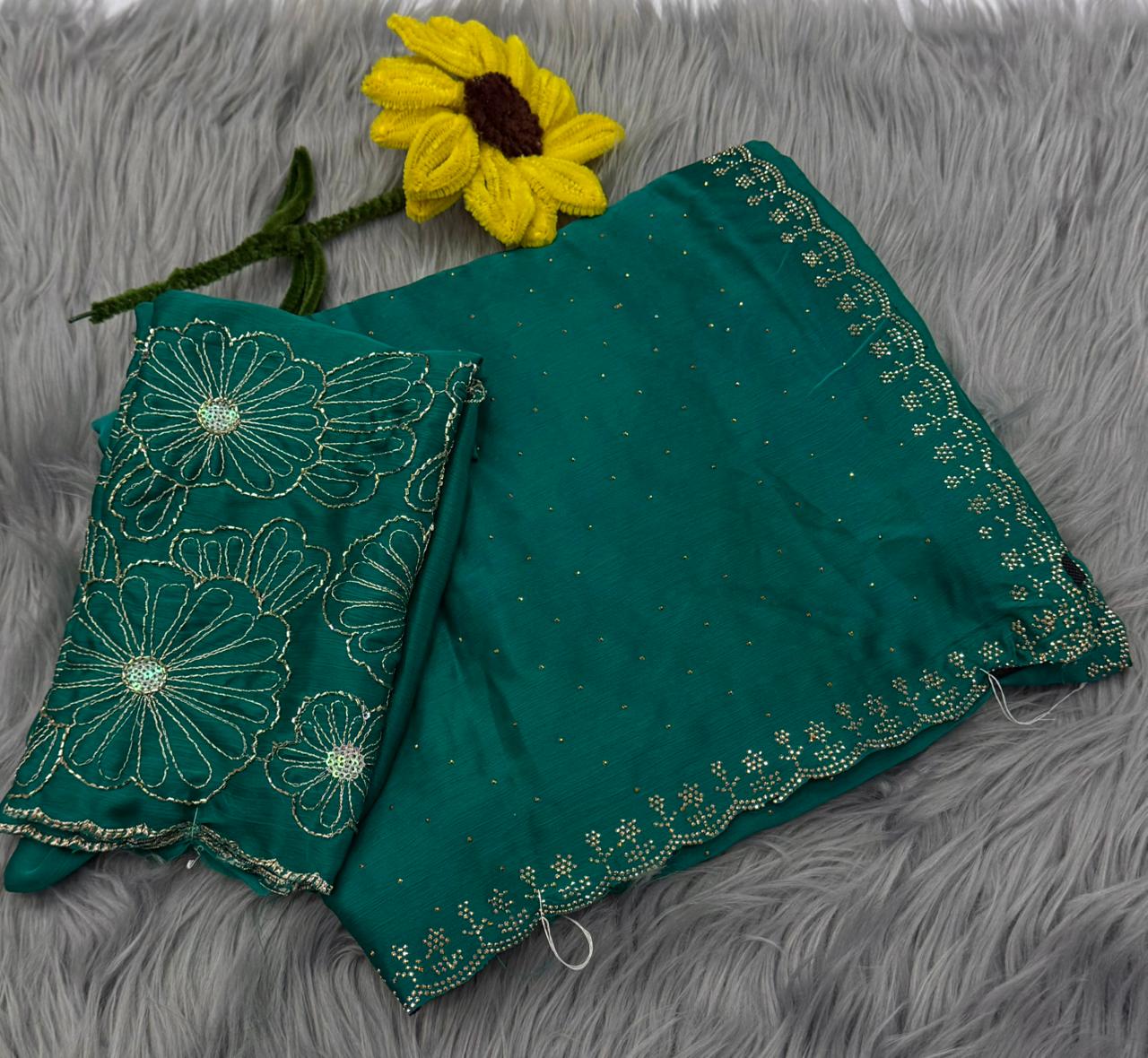 NN-2168 STAR GEORGETTE FABRIC SAREE WITH DMC SIROSKI BORDER WITH SIROSKI WORK ALL OVER ON SAREE WITH BEADS WORK BLOUSE