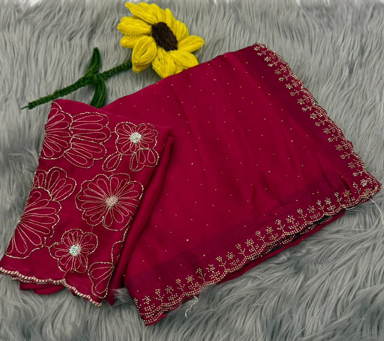 NN-2168 STAR GEORGETTE FABRIC SAREE WITH DMC SIROSKI BORDER WITH SIROSKI WORK ALL OVER ON SAREE WITH BEADS WORK BLOUSE