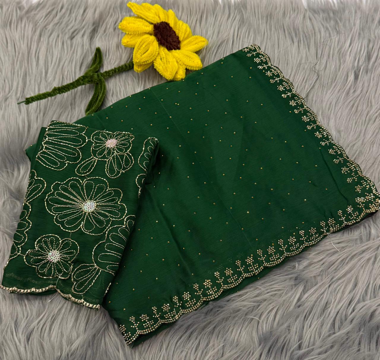 NN-2168 STAR GEORGETTE FABRIC SAREE WITH DMC SIROSKI BORDER WITH SIROSKI WORK ALL OVER ON SAREE WITH BEADS WORK BLOUSE