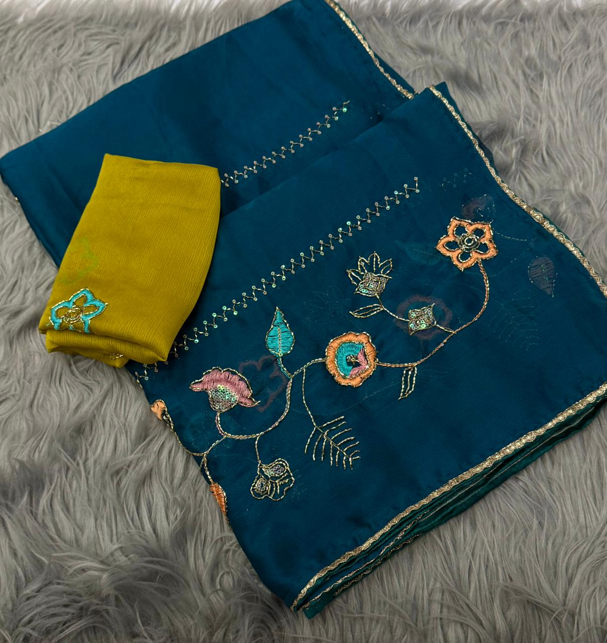 NN-2169 RANGOLI FABRIC SAREE WITH HANDWORK BORDER WITH EMBROIDERY WORK AND THREAD WORK WTH SEQUENCE WORK AND BEADS WORK WITH CONTRAST BLOUSE