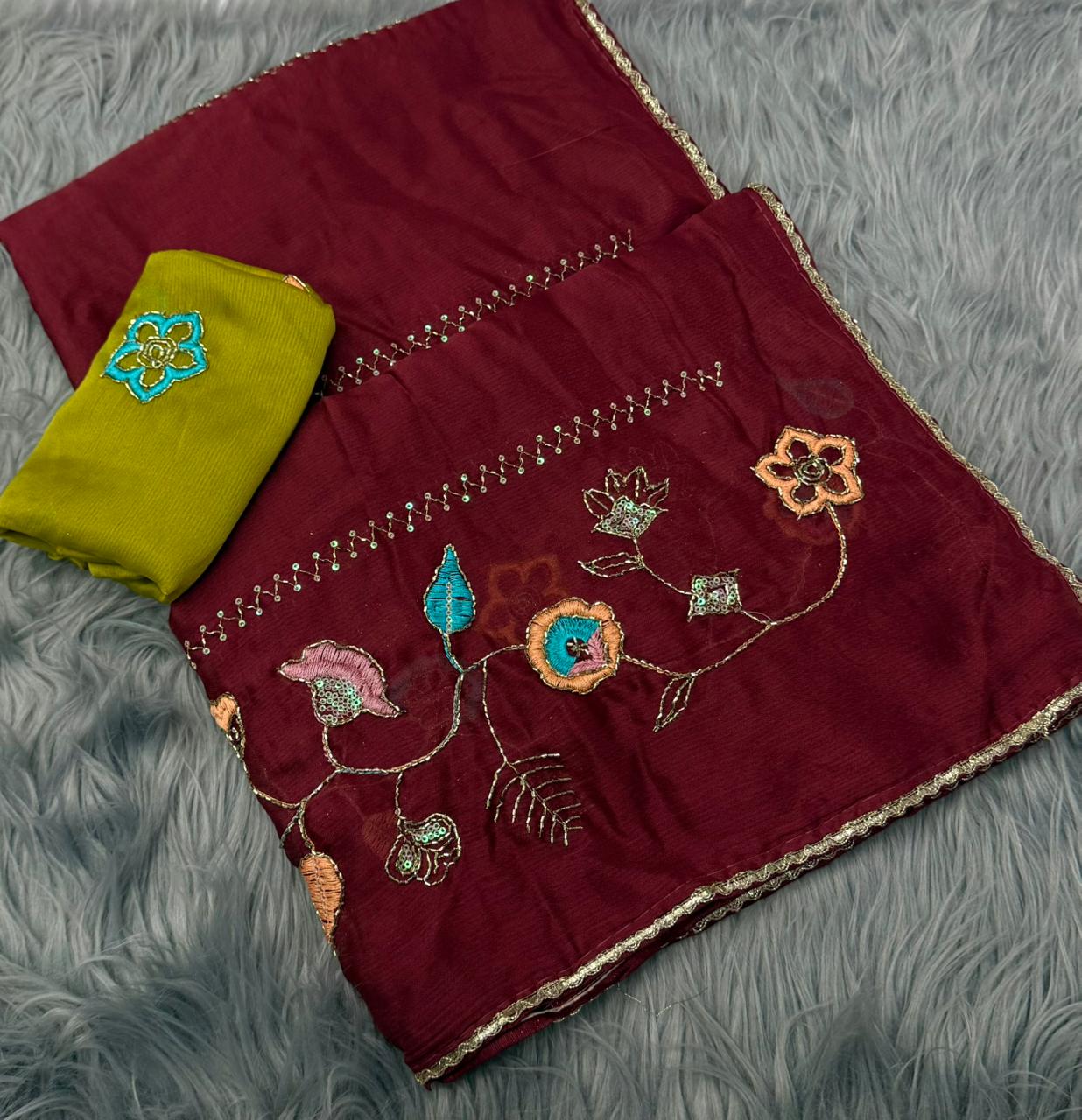 NN-2169 RANGOLI FABRIC SAREE WITH HANDWORK BORDER WITH EMBROIDERY WORK AND THREAD WORK WTH SEQUENCE WORK AND BEADS WORK WITH CONTRAST BLOUSE